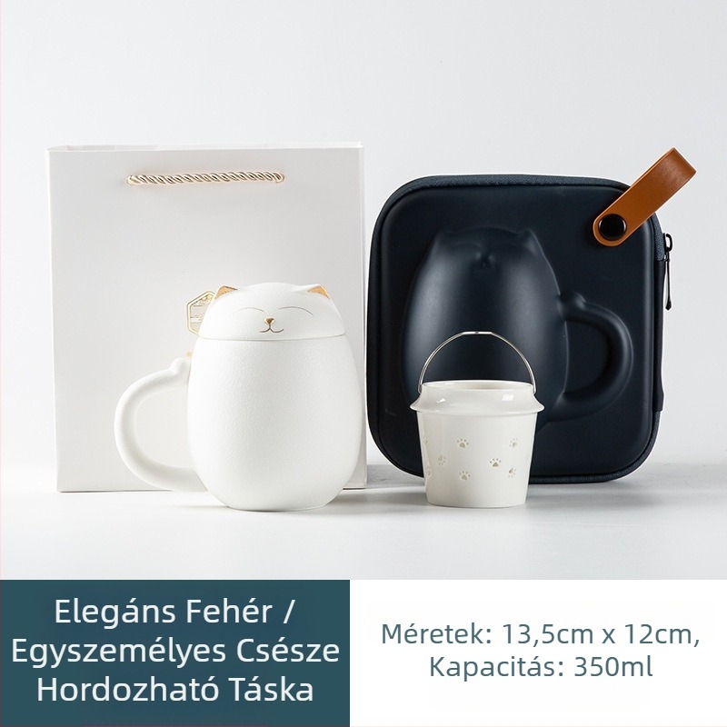 Szerencse macska kerámia teásbögre fedővel és szűrővel, nagy űrtartalom, ajándéktárgy