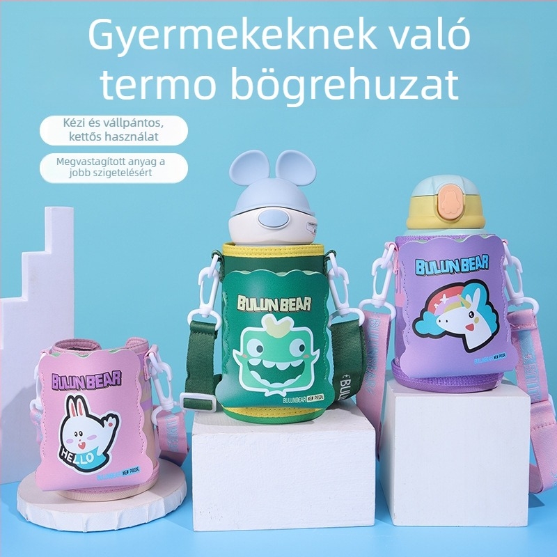 Gyerekeknek szóló termosz pohár védőburkolat vállpánttal és keresztpánttal – univerzális védőhéj