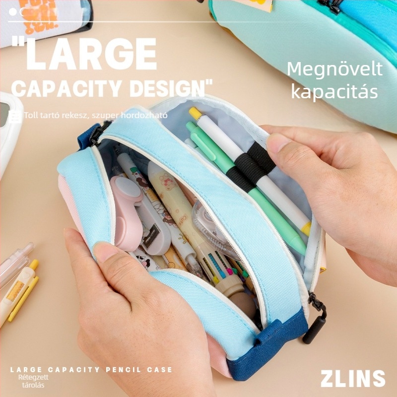 Középiskolásoknak szóló ceruzatartó, minimalistikus két rétegű kialakítás, nagy kapacitás, több rekesz, stílusos és egyedi megjelenés