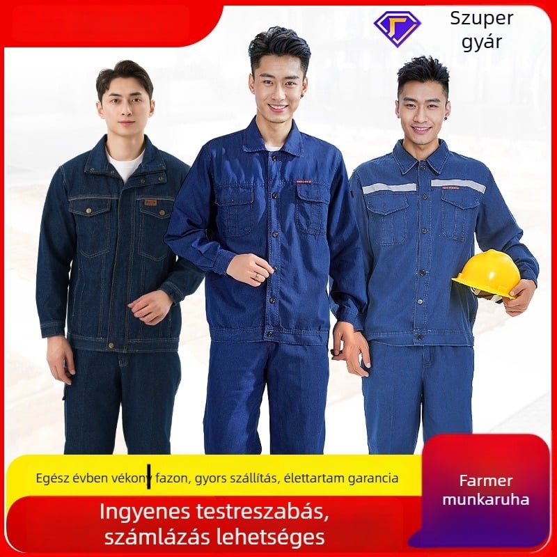 Férfi denim munkaruha szett, pamut hosszú ujjú, könnyű nyári modell, hegesztéshez és autó-reparáláshoz
