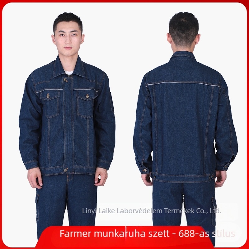 Férfi denim munkaruha szett, pamut hosszú ujjú, könnyű nyári modell, hegesztéshez és autó-reparáláshoz