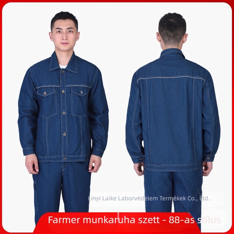 Férfi denim munkaruha szett, pamut hosszú ujjú, könnyű nyári modell, hegesztéshez és autó-reparáláshoz