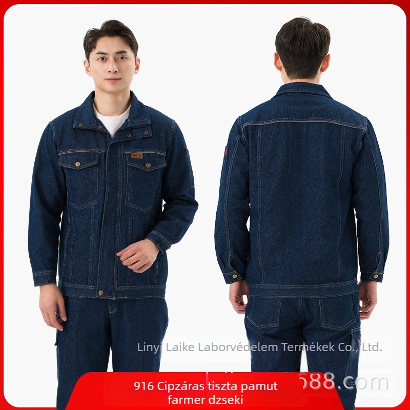 Férfi denim munkaruha szett, pamut hosszú ujjú, könnyű nyári modell, hegesztéshez és autó-reparáláshoz