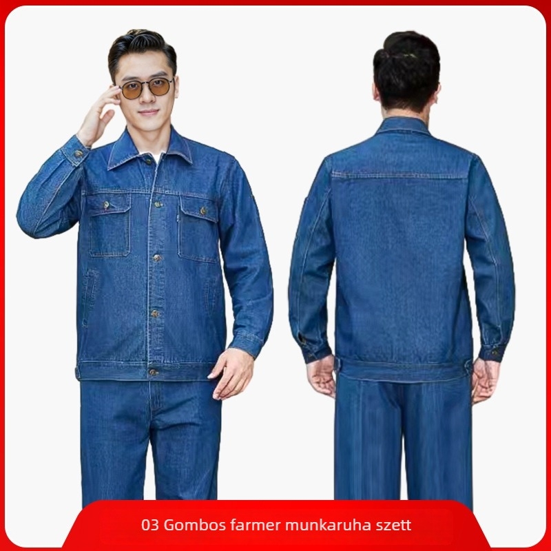 Férfi denim munkaruha szett, pamut hosszú ujjú, könnyű nyári modell, hegesztéshez és autó-reparáláshoz