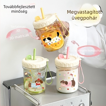 Nagy kapacitású üvegpohár tea–víz elválasztóval, szívószállal és fedővel, aranyos dizájn