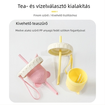 Nagy kapacitású üvegpohár tea–víz elválasztóval, szívószállal és fedővel, aranyos dizájn