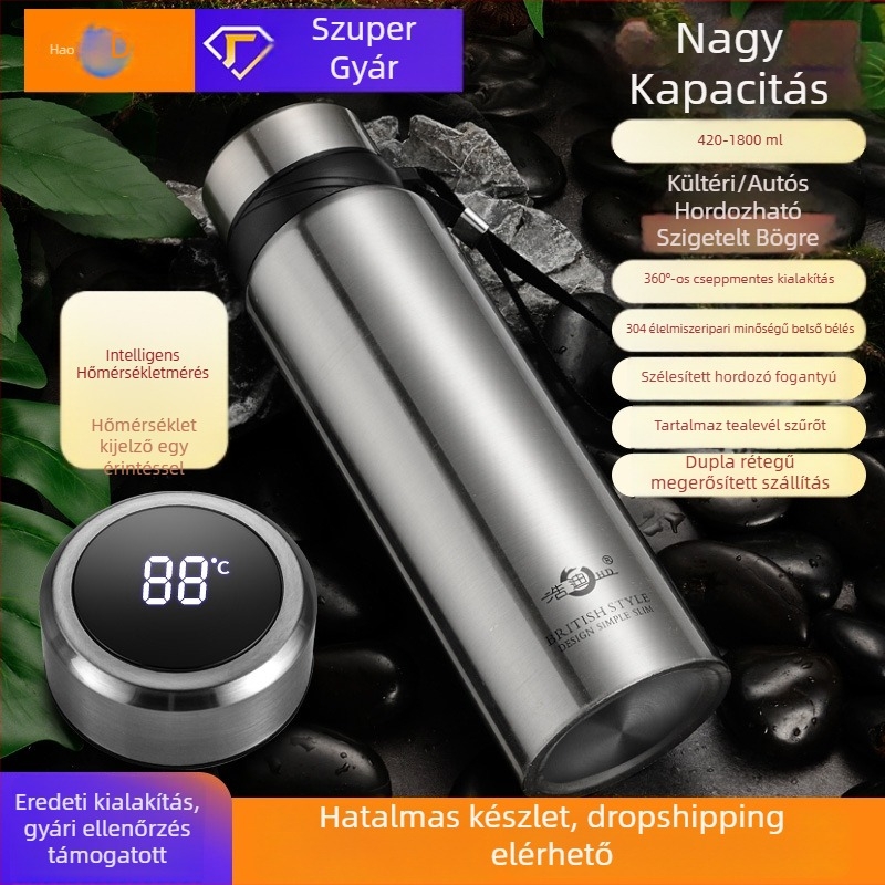Haodi 304 rozsdamentes acélból készült termosz pohár, nagy kapacitású, pánttal, teás rekesz, hordozható