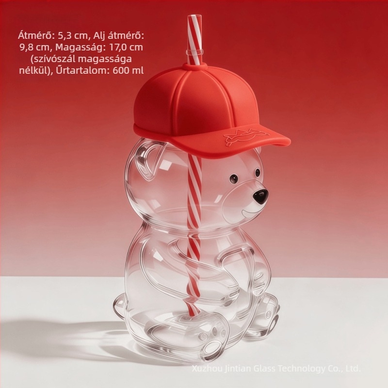 Üveg pohár Teddy medvével és szívószállal, nagy kapacitású, rajzfilmszerű dizájn