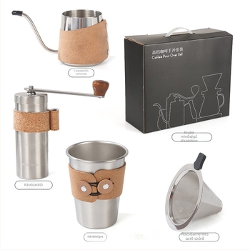 Hordozható kávés szett kempingezéshez, ajándékdobozban — pour-over kanna és kézi őrlő, retro stílusban