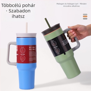 304 rozsdamentes acél hőszigetelt ivópalack, nagy kapacitású, hordozható kültéri használatra, fogantyúval és szívószállal