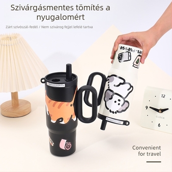 Nagy kapacitású termosz pohár 316 rozsdamentes acél belsővel, szívószállal, autóba felszerelhető, fogantyúval