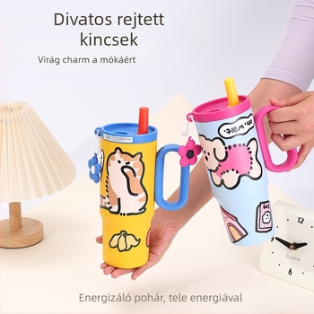 Nagy kapacitású termosz pohár 316 rozsdamentes acél belsővel, szívószállal, autóba felszerelhető, fogantyúval