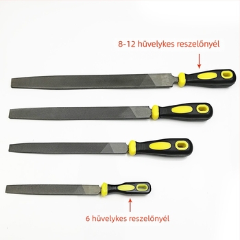 Fémfájl készlet: lapos, félkör, háromszög, négyszög és kör formájú reszelők; méretei 6–12 hüvelyk; magas széntartalmú acél.