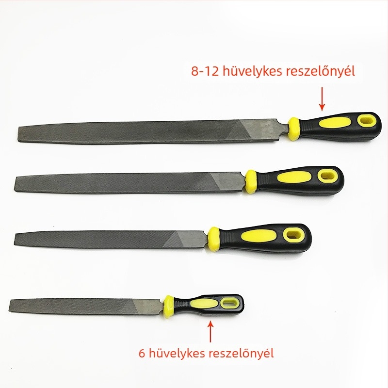 Fémfájl készlet: lapos, félkör, háromszög, négyszög és kör formájú reszelők; méretei 6–12 hüvelyk; magas széntartalmú acél.