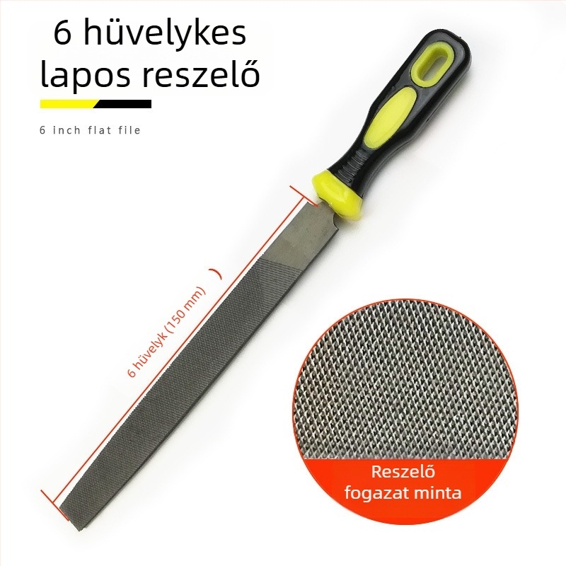 Fémfájl készlet: lapos, félkör, háromszög, négyszög és kör formájú reszelők; méretei 6–12 hüvelyk; magas széntartalmú acél.