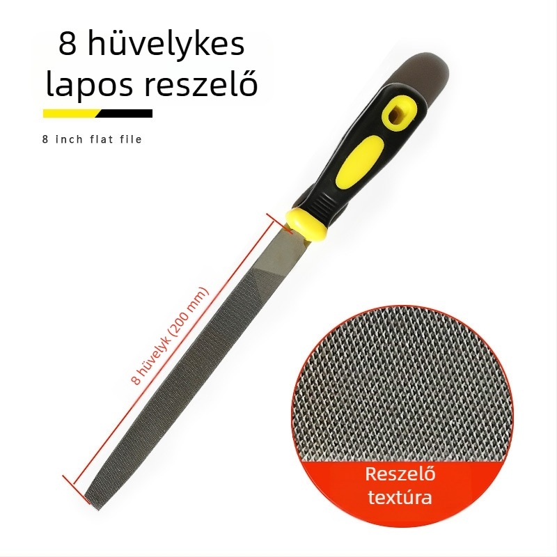 Fémfájl készlet: lapos, félkör, háromszög, négyszög és kör formájú reszelők; méretei 6–12 hüvelyk; magas széntartalmú acél.