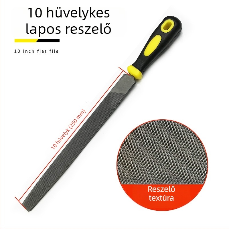 Fémfájl készlet: lapos, félkör, háromszög, négyszög és kör formájú reszelők; méretei 6–12 hüvelyk; magas széntartalmú acél.