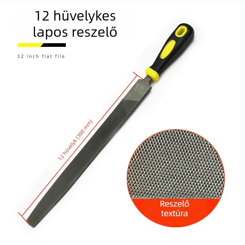 Fémfájl készlet: lapos, félkör, háromszög, négyszög és kör formájú reszelők; méretei 6–12 hüvelyk; magas széntartalmú acél.