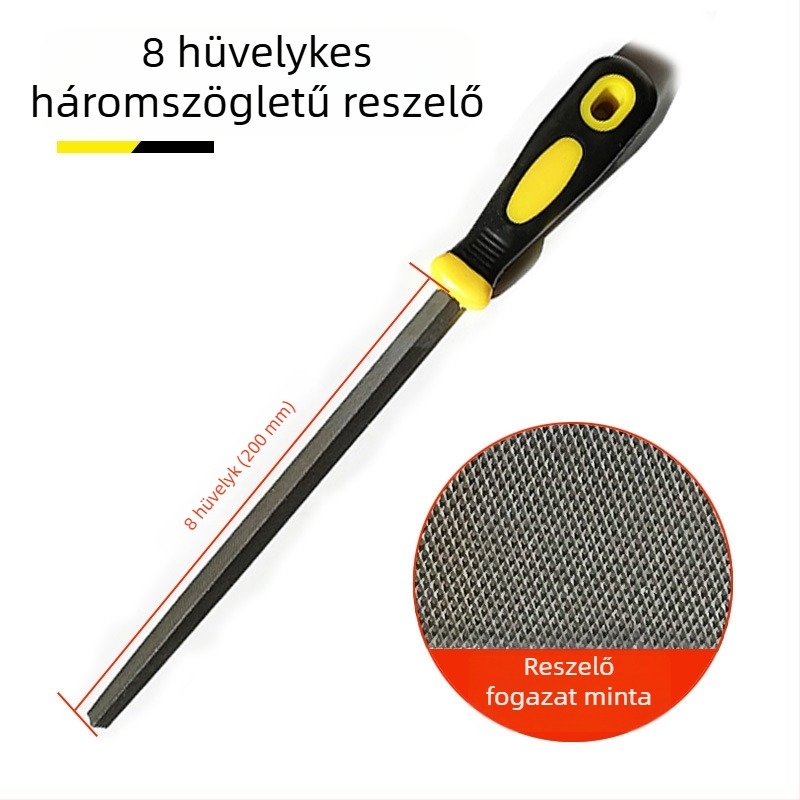Fémfájl készlet: lapos, félkör, háromszög, négyszög és kör formájú reszelők; méretei 6–12 hüvelyk; magas széntartalmú acél.