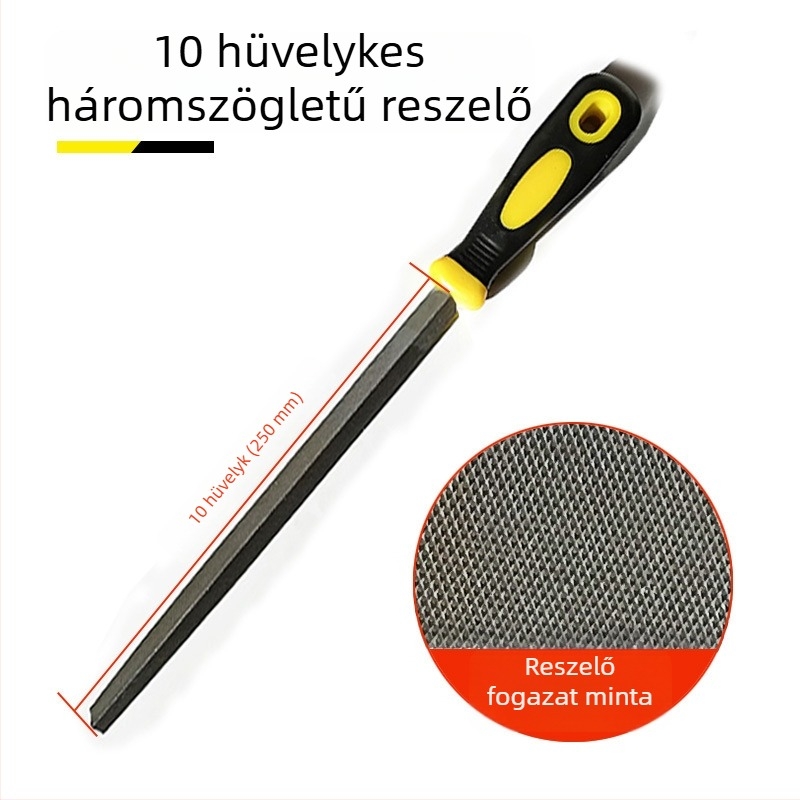 Fémfájl készlet: lapos, félkör, háromszög, négyszög és kör formájú reszelők; méretei 6–12 hüvelyk; magas széntartalmú acél.