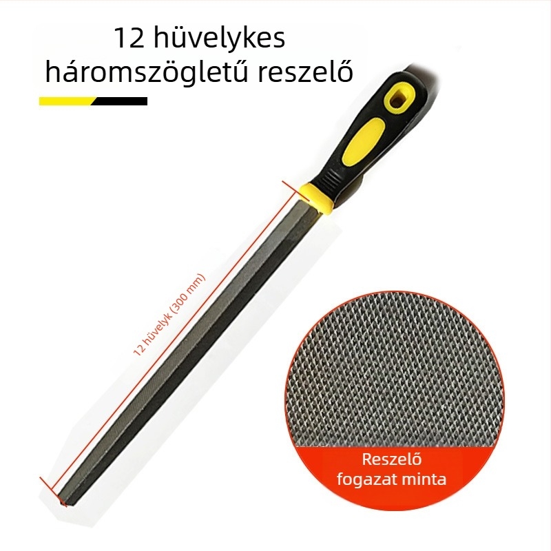 Fémfájl készlet: lapos, félkör, háromszög, négyszög és kör formájú reszelők; méretei 6–12 hüvelyk; magas széntartalmú acél.