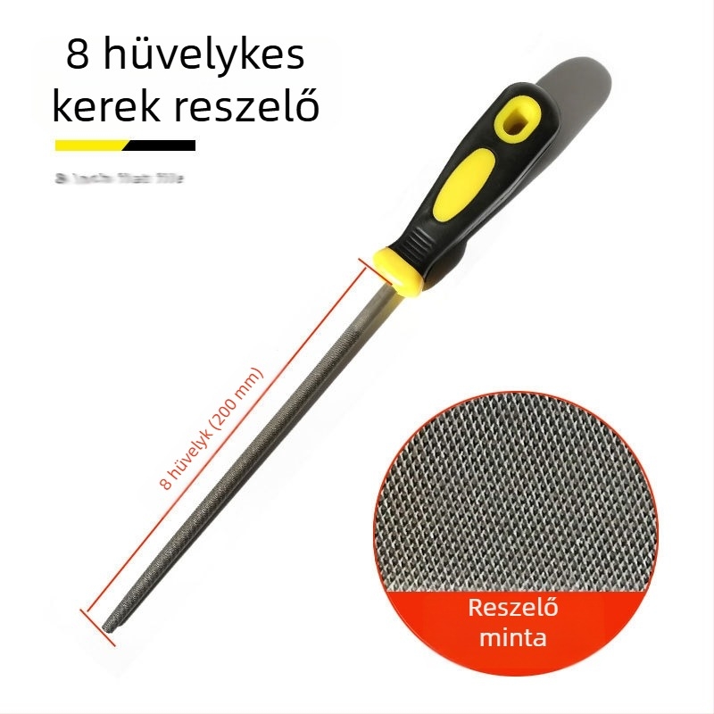 Fémfájl készlet: lapos, félkör, háromszög, négyszög és kör formájú reszelők; méretei 6–12 hüvelyk; magas széntartalmú acél.
