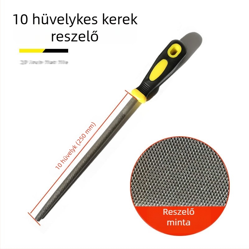 Fémfájl készlet: lapos, félkör, háromszög, négyszög és kör formájú reszelők; méretei 6–12 hüvelyk; magas széntartalmú acél.