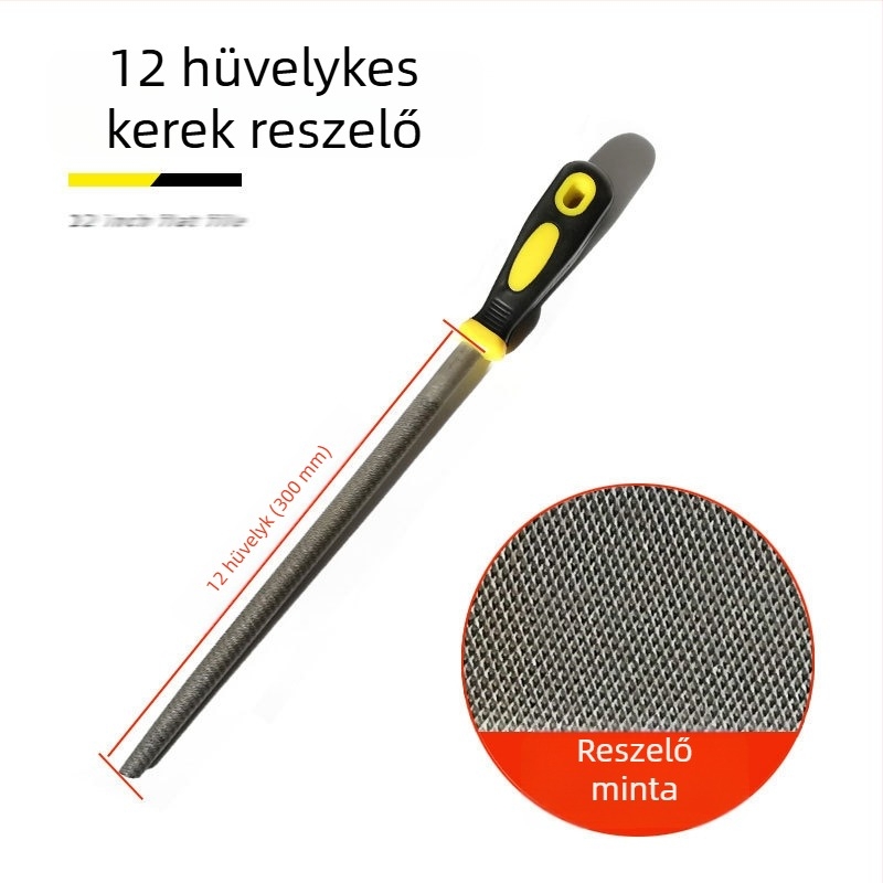 Fémfájl készlet: lapos, félkör, háromszög, négyszög és kör formájú reszelők; méretei 6–12 hüvelyk; magas széntartalmú acél.