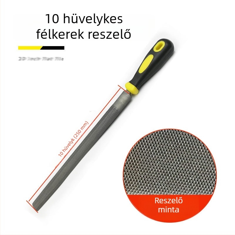 Fémfájl készlet: lapos, félkör, háromszög, négyszög és kör formájú reszelők; méretei 6–12 hüvelyk; magas széntartalmú acél.