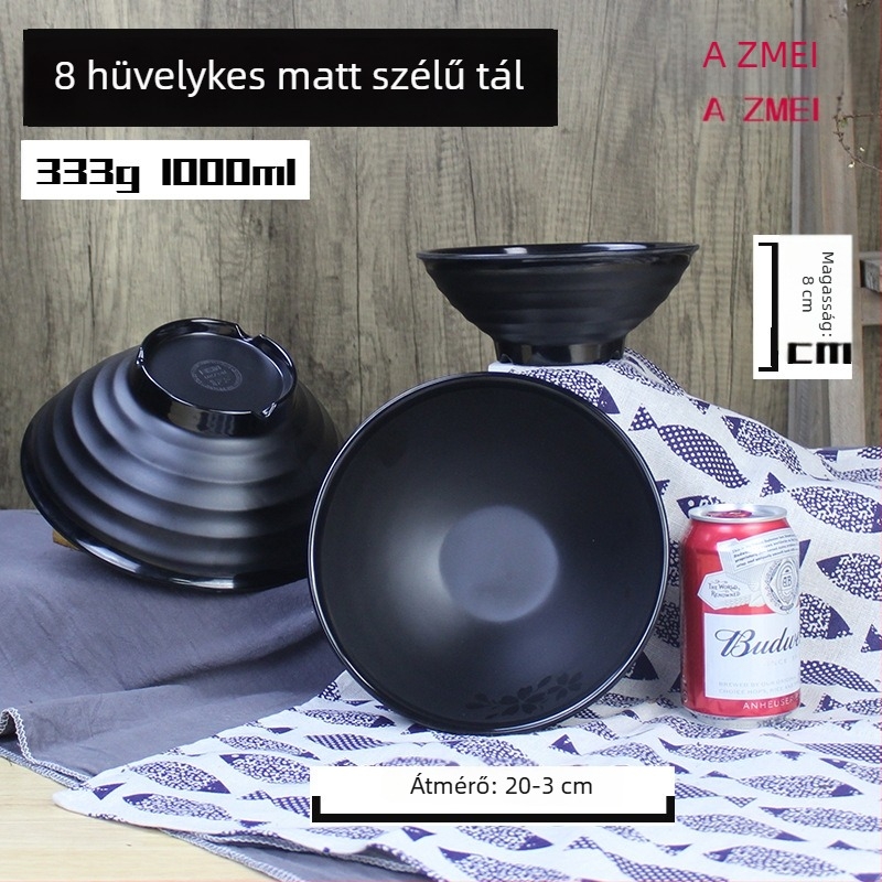 Fekete melamin tál tészta számára, matt cseresznye minta, japán stílus, kör alakú, porcelán utánzatú ramen tál, kereskedelmi használatra