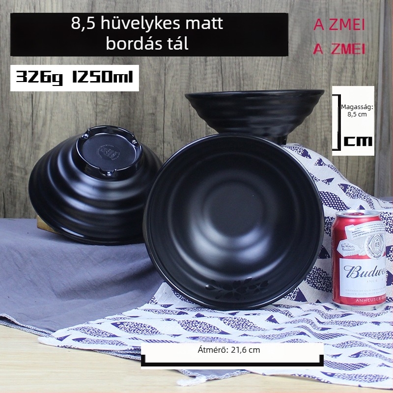 Fekete melamin tál tészta számára, matt cseresznye minta, japán stílus, kör alakú, porcelán utánzatú ramen tál, kereskedelmi használatra