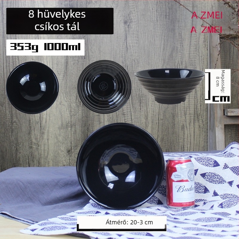 Fekete melamin tál tészta számára, matt cseresznye minta, japán stílus, kör alakú, porcelán utánzatú ramen tál, kereskedelmi használatra