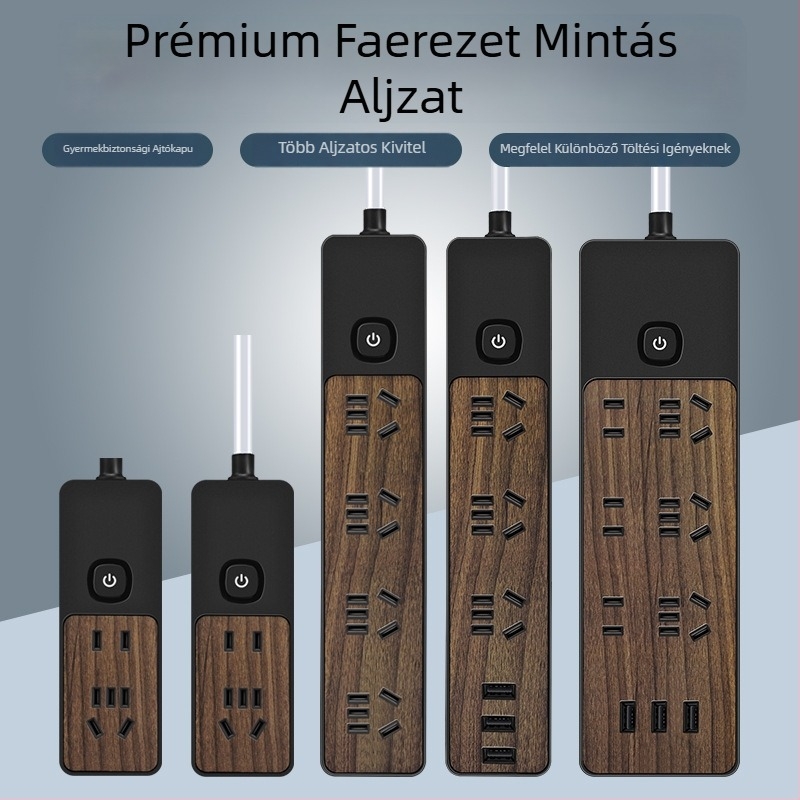 Fa mintás hosszabbító, több csatlakozóval, otthonra és irodába, USB töltéssel