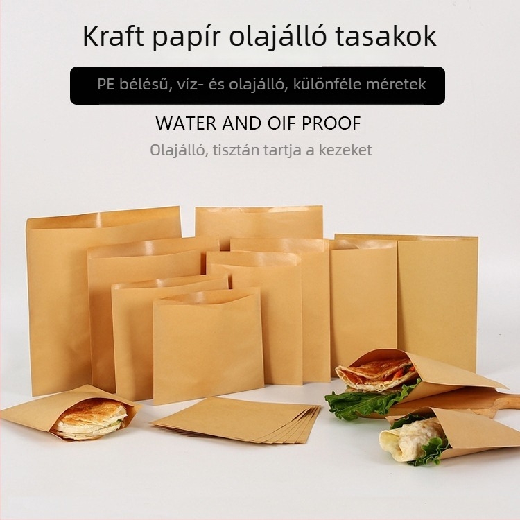 Olajálló papírzacskók élelmiszer-csomagoláshoz, egyszer használatos — húsos szendvics és palacsinta snackek csomagolása, kraft zacskók testreszabása