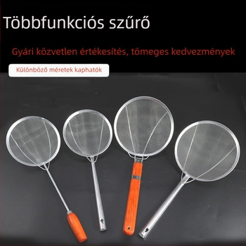 Hosszú nyelű fémből készült konyhai szűrőkanál olaj leeresztéséhez