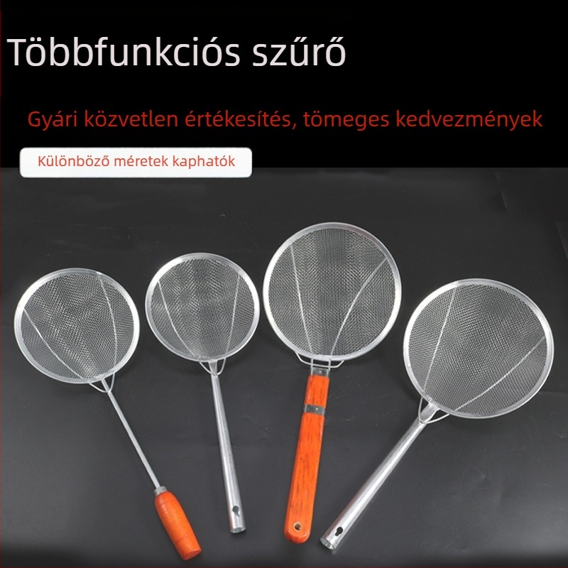 Hosszú nyelű fémből készült konyhai szűrőkanál olaj leeresztéséhez