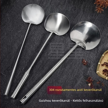 Rozsdamentes acél serpenyőkanál, kézzel készített, vastított, sík felületű spatula hosszú nyelével, professzionális és otthoni használatra