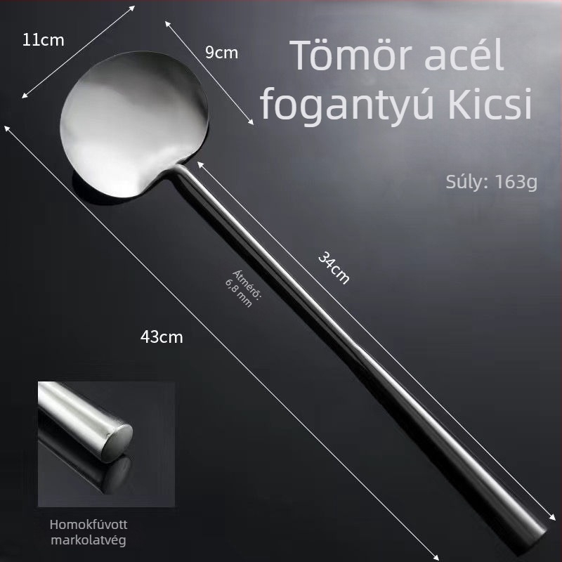 Rozsdamentes acél serpenyőkanál, kézzel készített, vastított, sík felületű spatula hosszú nyelével, professzionális és otthoni használatra