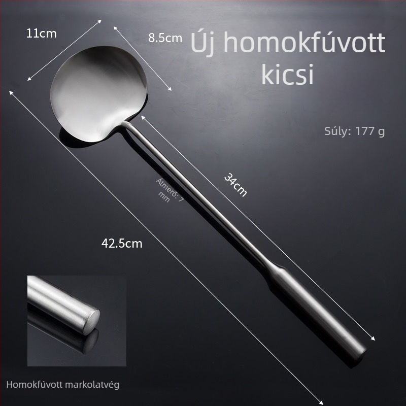 Rozsdamentes acél serpenyőkanál, kézzel készített, vastított, sík felületű spatula hosszú nyelével, professzionális és otthoni használatra