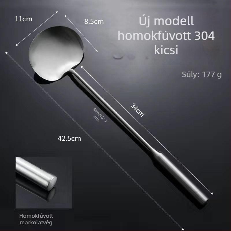 Rozsdamentes acél serpenyőkanál, kézzel készített, vastított, sík felületű spatula hosszú nyelével, professzionális és otthoni használatra