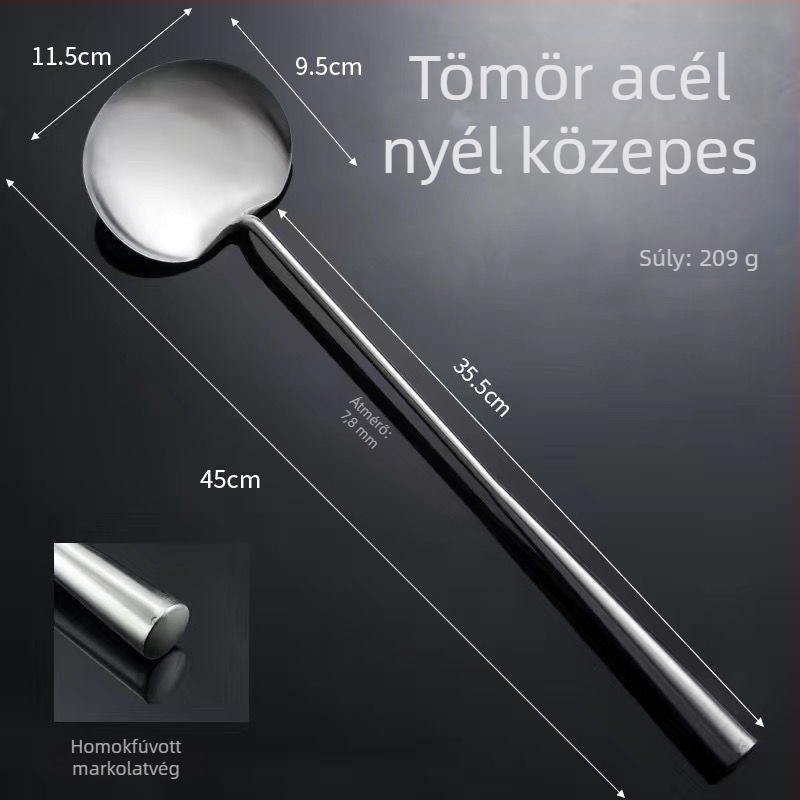 Rozsdamentes acél serpenyőkanál, kézzel készített, vastított, sík felületű spatula hosszú nyelével, professzionális és otthoni használatra