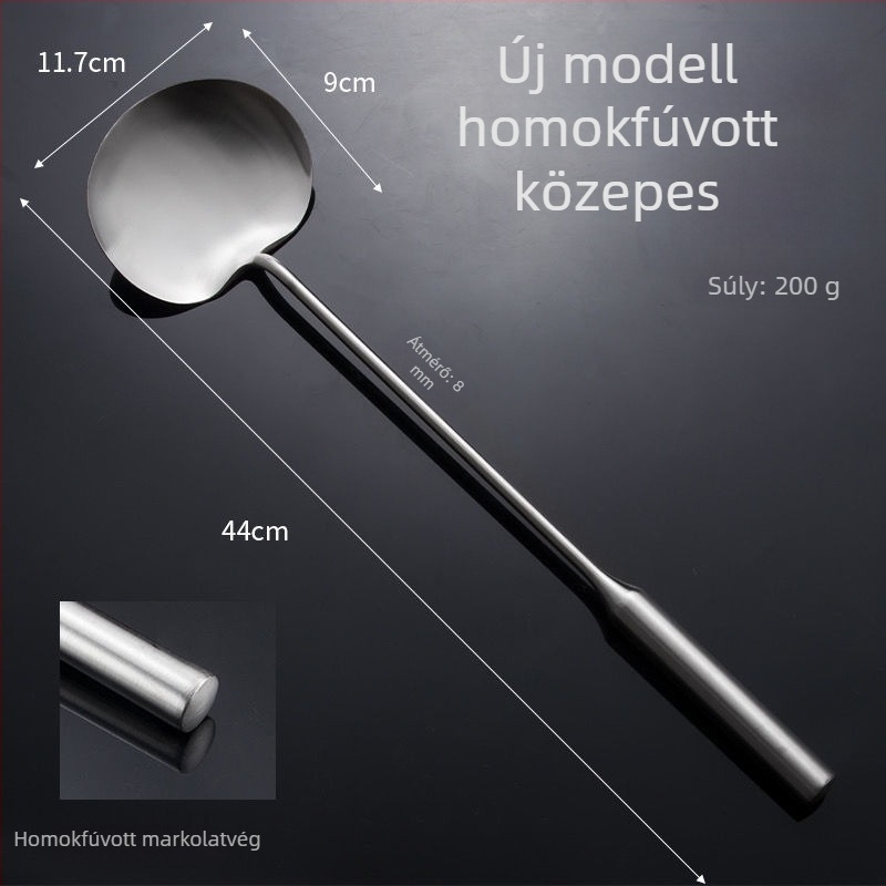 Rozsdamentes acél serpenyőkanál, kézzel készített, vastított, sík felületű spatula hosszú nyelével, professzionális és otthoni használatra