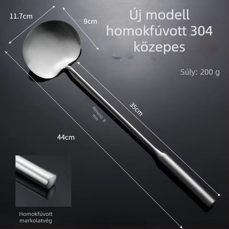 Rozsdamentes acél serpenyőkanál, kézzel készített, vastított, sík felületű spatula hosszú nyelével, professzionális és otthoni használatra