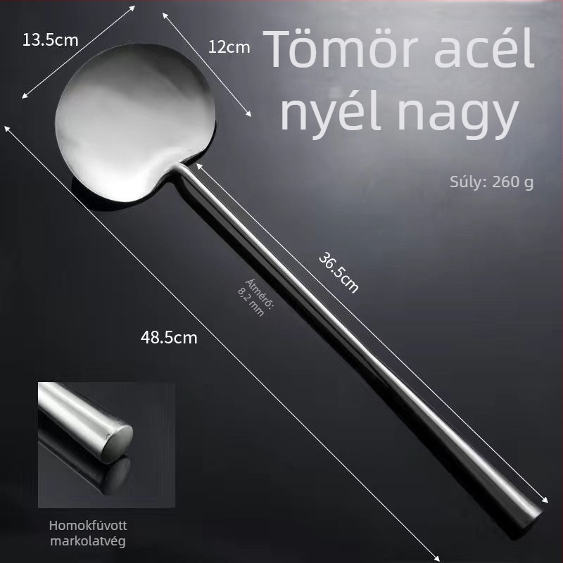 Rozsdamentes acél serpenyőkanál, kézzel készített, vastított, sík felületű spatula hosszú nyelével, professzionális és otthoni használatra