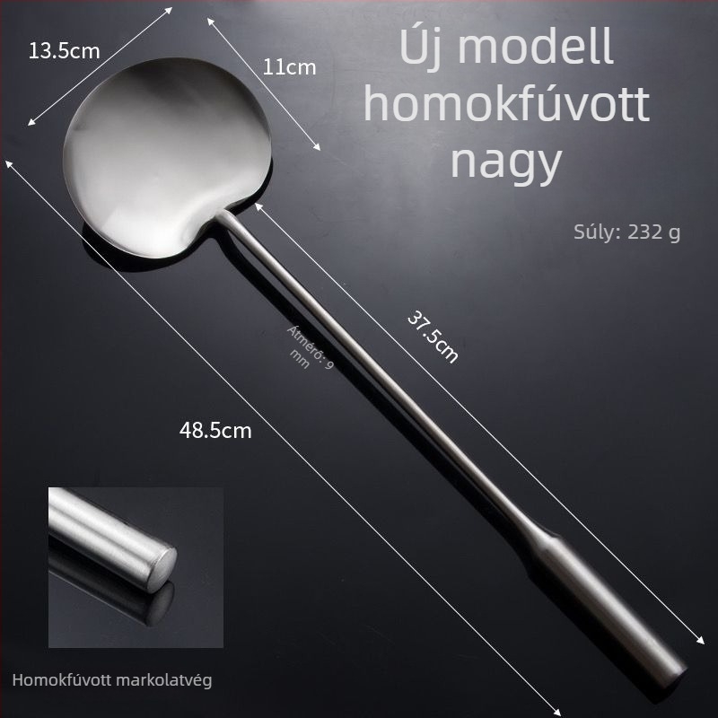 Rozsdamentes acél serpenyőkanál, kézzel készített, vastított, sík felületű spatula hosszú nyelével, professzionális és otthoni használatra