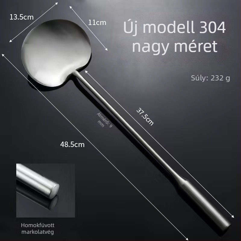 Rozsdamentes acél serpenyőkanál, kézzel készített, vastított, sík felületű spatula hosszú nyelével, professzionális és otthoni használatra