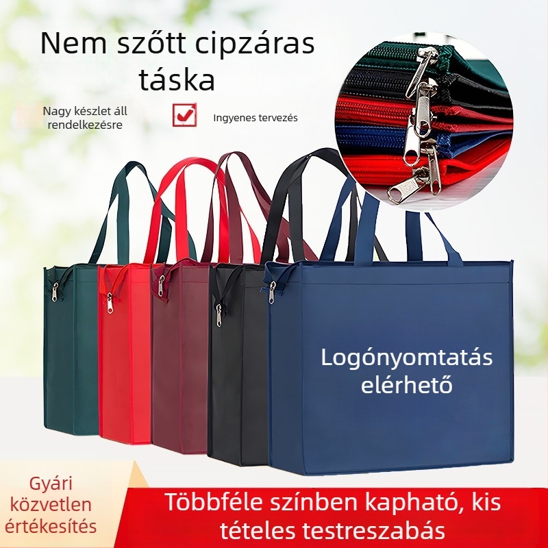 Megvastagított nemszőtt anyagú tároló táska cipzárral, logónyomással, környezetbarát kézitáska, nagy méret