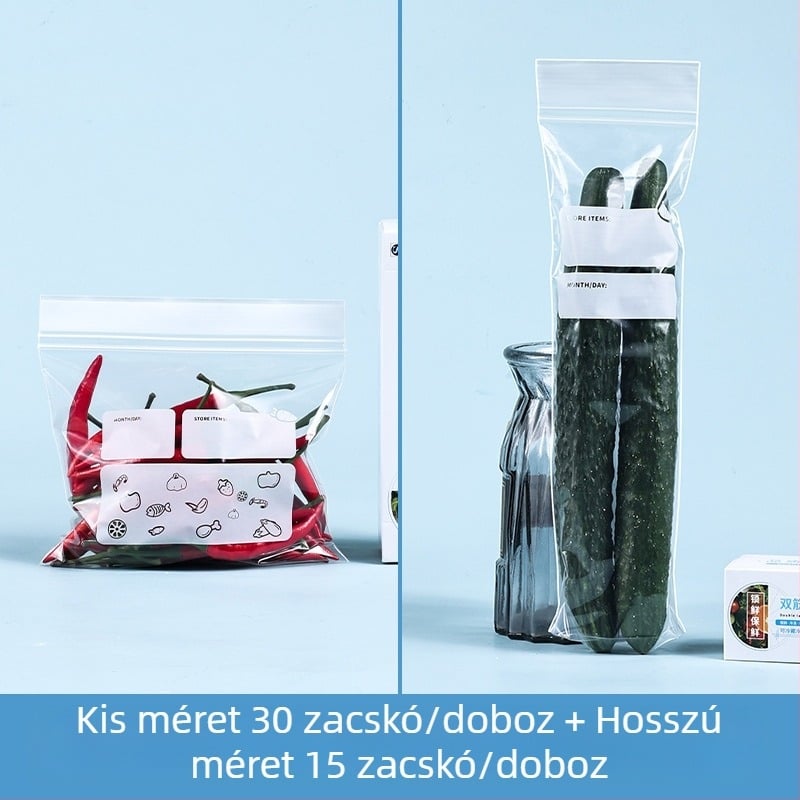 Hosszú zárható frissesség-tasakok háztartási használatra, vastagított élelmiszer-minőségű, a konyhai hűtőszekrény és a fagyasztó tárolására, porcionálható ZIP-tasakok