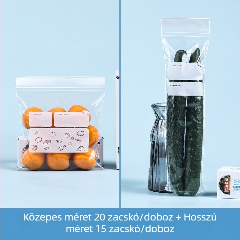 Hosszú zárható frissesség-tasakok háztartási használatra, vastagított élelmiszer-minőségű, a konyhai hűtőszekrény és a fagyasztó tárolására, porcionálható ZIP-tasakok