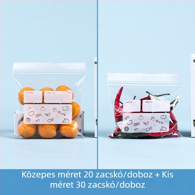 Hosszú zárható frissesség-tasakok háztartási használatra, vastagított élelmiszer-minőségű, a konyhai hűtőszekrény és a fagyasztó tárolására, porcionálható ZIP-tasakok